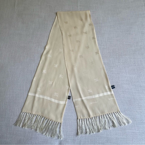 •Burberry Cream 100% Silk Fringed Scarf Embossed Logo & Brand Name Vintage Scarf - Picture 8 of 16